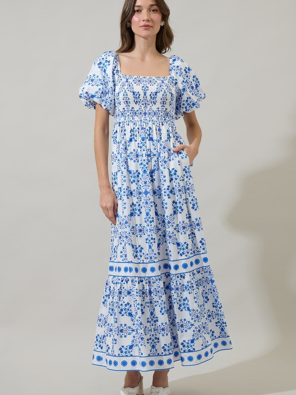 Sugarlips NWT Blue White Porcelain Print Smocked Maxi Dress Puff Sleeve Sz S